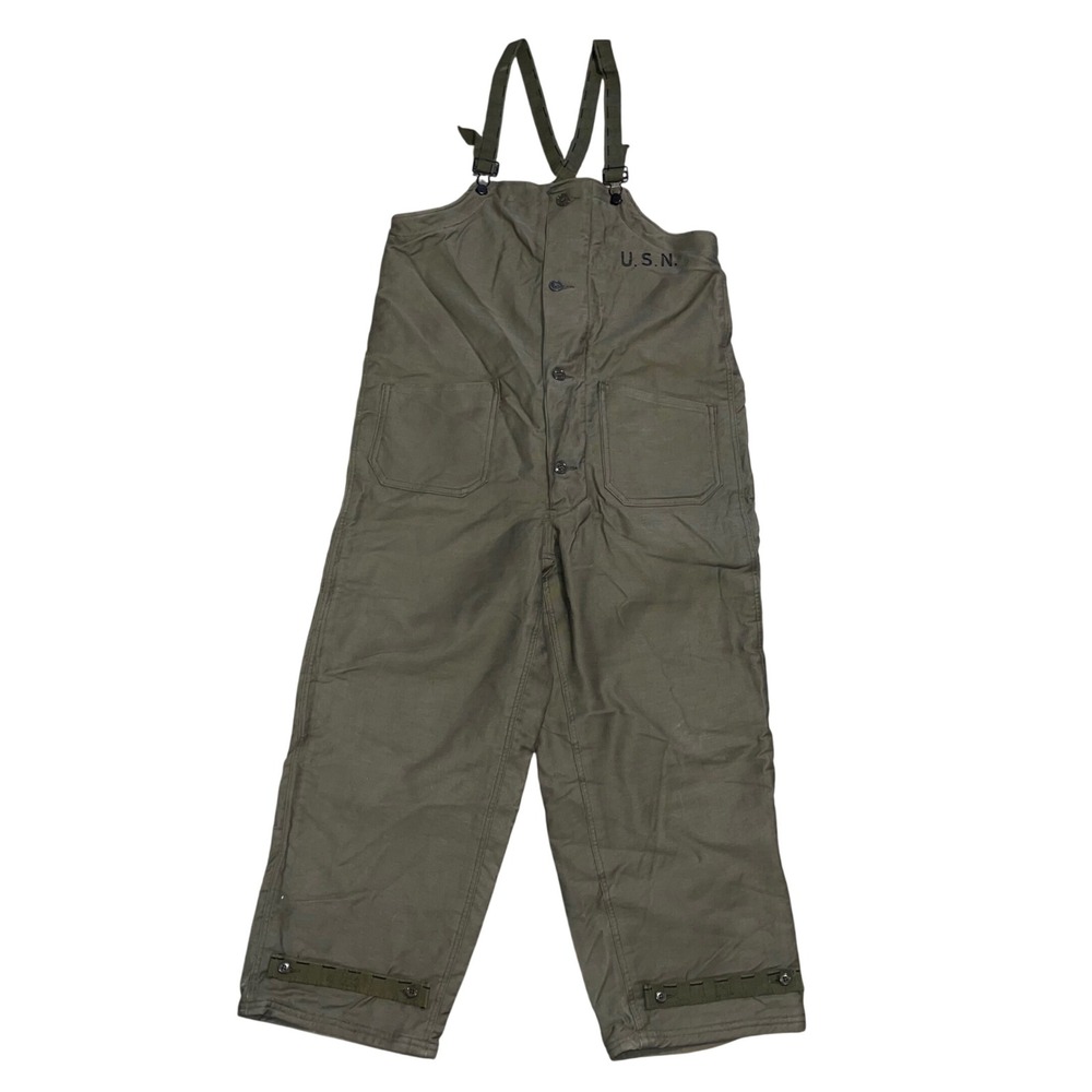 Vintage WWII US Navy N-1 Deck Overalls USN Jungle Cloth Bibs Olive Drab Medium